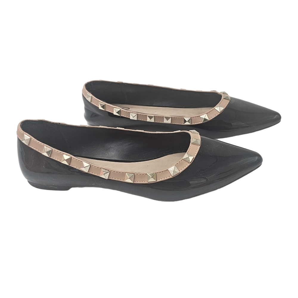 Mix No. 6 Studded Pointed Toe Ballet Flats Black Patent Gold Trim Size 8.5